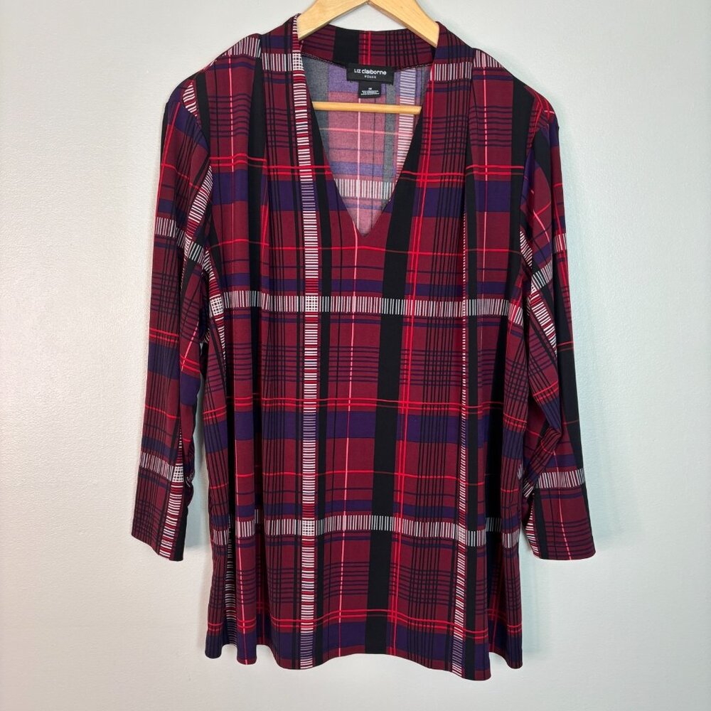 Liz Claiborne Top1X Burgundy Black Plaid V-Neck 3/4 Sleeve Stretch Blouse Womens